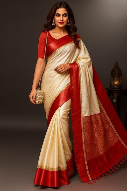 Vasthrlay Red Border White Durga Puja Gorod Bengali Saree | Pure Kanjivaram Sari Banarasi Silk Goroder Lal Par Sada Navratri Pooja Sari With Blouse