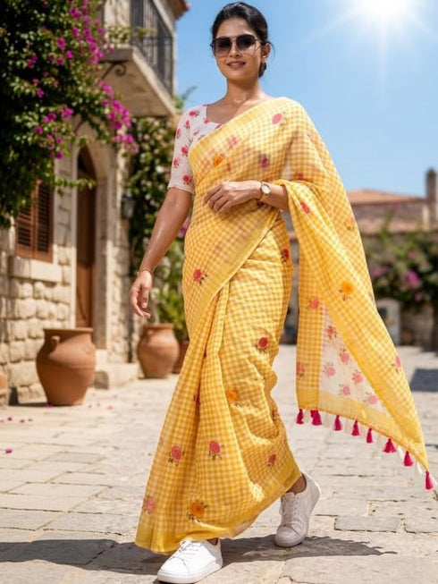 Vasthrlay Checked Pattern Tassels Unstitched
