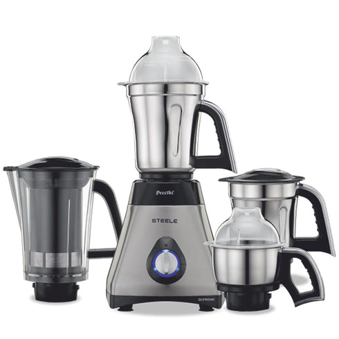 Preethi Steel Supreme MG-208 Mixer Grinder, 750 Watt, 4 Jars - Super Extractor Juicer Jar, Silver/Black