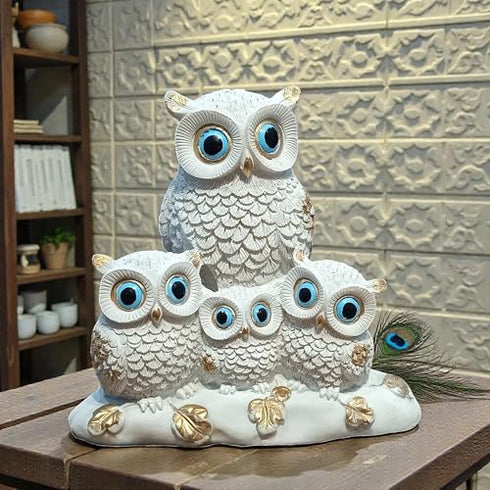 Decorative Owl Family Figurine Statue White with Gold Accents Four Owls Design