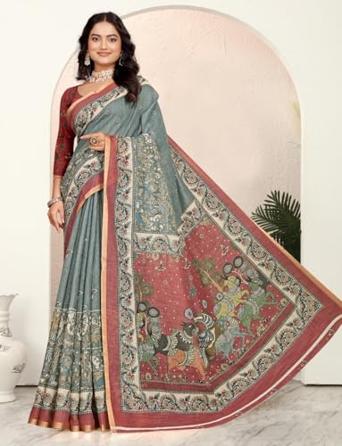 Vasthrlay Women's Cotton Kalamkari Wedding Saree With Blouse Piece