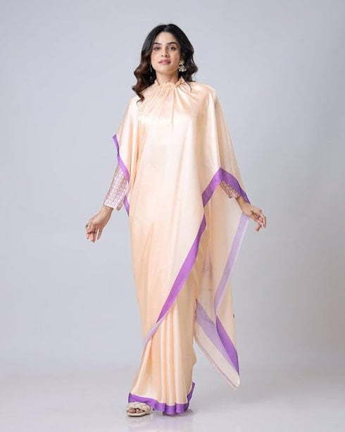 Vasthrlay Printed Kaftan Freehand Peach Women's Floral Satin Silk Saree