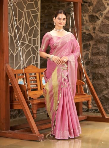 Vasthrlay Kanjivaram Pure Tissue Silk Pink Saree Golden Zari With Blouse Piece