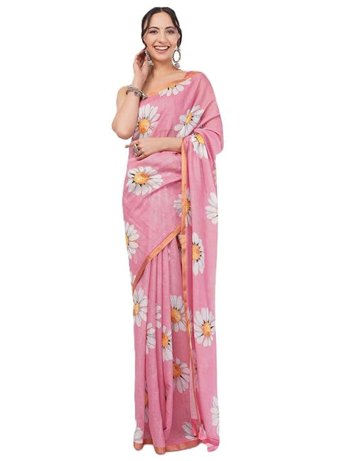 Vasthrlay Pink Floral Digital Print Linen Saree With Unstitched