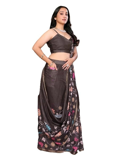 Vasthrlay Brown Floral Print Ready To Wear Linen Saree