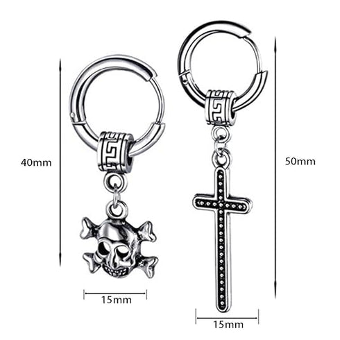 M Men Style Gothic Skeleton Head Dangle With Jesus Cross Hoop Studs