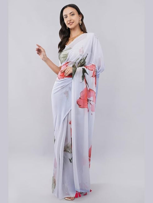 Vasthrlay Off White3 Floral Printed Gerogette Saree With Zari Pallu And Unstitched Blouse Piece