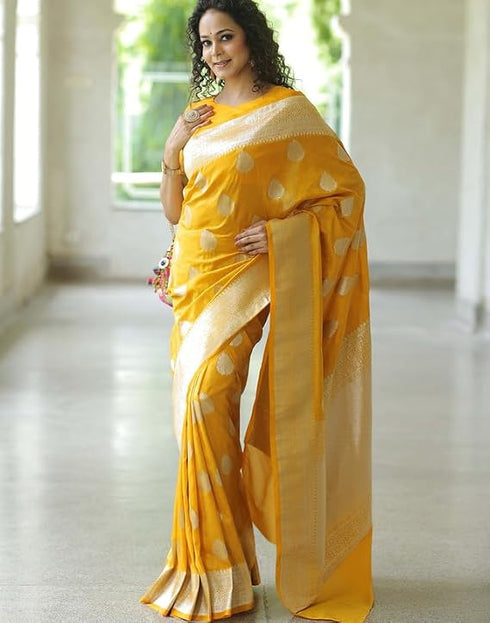 Vasthrlay Kanjivaram Banarasi Wedding Yellow Saree With Unstitched Blouse Piece