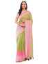 Vasthrlay Womens Green And Pink Striped Printed Linen Saree With Pink Solid Linen Unstitched Blouse Piece Featuring Bold Horizontal Colorblock Patterns And Zari Border