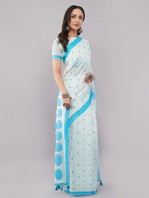 Vasthrlay White Blue Striped | Floral | Solid Print Design Linen Saree With Solid Unstitched Linen Blouse Piece