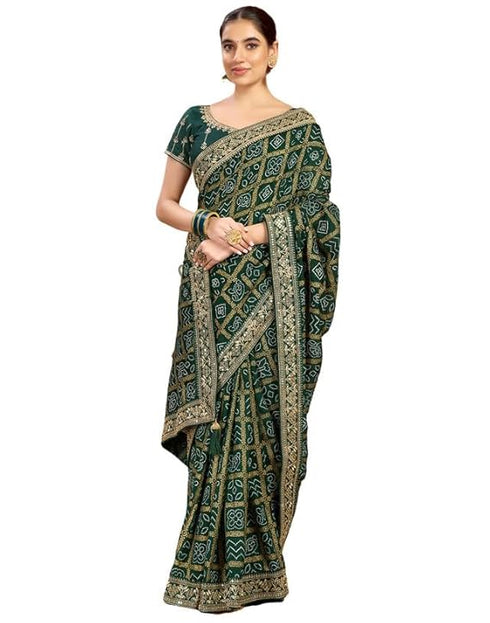 Vasthrlay Georgette Embroidery Unstitched Dark Green Saree
