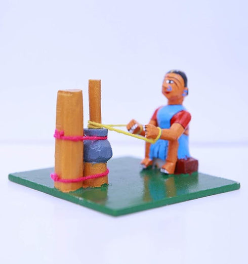 Kondapalli Wooden Sitting Toy- Lady Making Butter