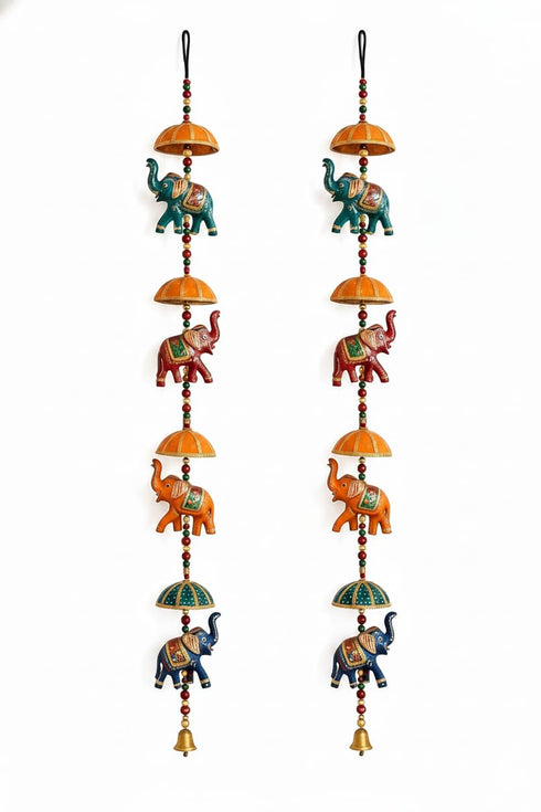 CDM Handcrafted Rajasthani Elephant & Umbrella Wall Hanging with Beads & Bell | 38 Inch | Set of 2