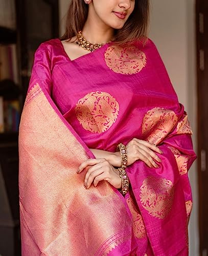 Vasthrlay Dark Pink Golden Kanjivaram Wedding Saree With Blouse