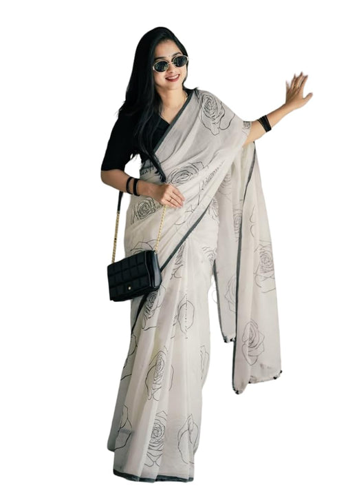 Vasthrlay White and Black Linen Saree with Rose Print | Elegant Minimal Border For Office and Casual Saree