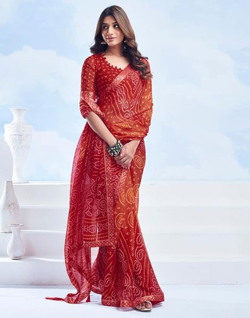 Vasthrlay Bandhani Printed Chiffon Orange Saree
