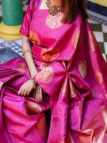 Vasthrlay Dark Pink Golden Kanjivaram Wedding Saree With Blouse