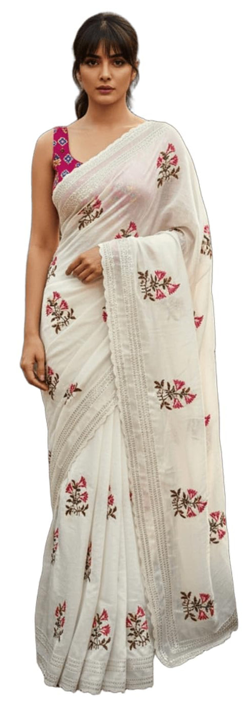 Vasthrlay Georgette Embroidery White Ethnic Wear