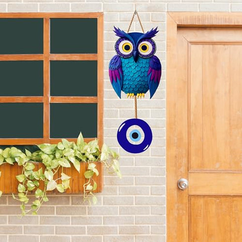 Blue Owl with Evil Eye Charm MDF Home Wall Decor MDF Wall Hanging