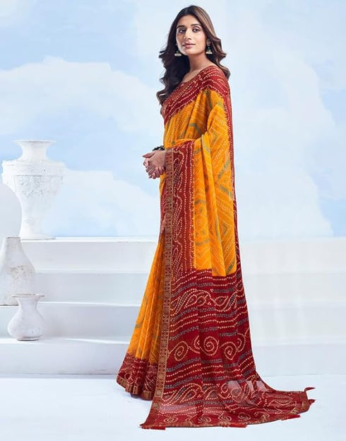 Vasthrlay Bandhani Printed Chiffon Orange Saree