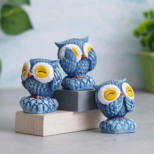 Blue Resin Cute Owl Statues Bird Figurines | Decorative Showpieces for Home