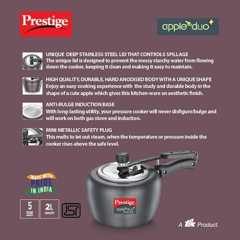 Prestige Apple Duo Plus Hard Anodised Spillage Control Pressure Cooker Black 2 L