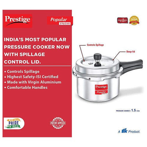 Prestige Popular Svachh Virgin Aluminium Spillage Control Pressure Cooker Silver 1.5 L