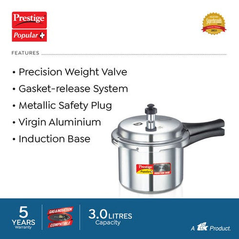 Prestige Popular Plus Virgin Aluminium Gas And Induction Compatible Pressure Cooker 3 L Silver