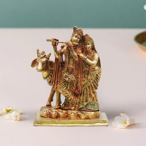 Brass Radha Krishna With Gaye God Statue 1.9Kg