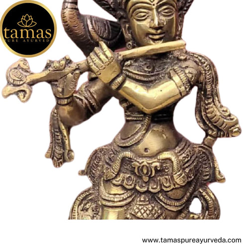 Tamas Brass Handcrafted Flute Playing Krishna with Peacock Statue / Idol with Antique Finish (Pack of 1)