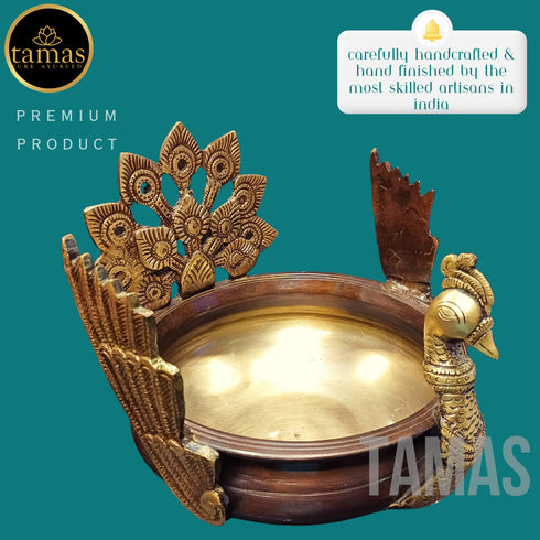 Tamas Brass Handcrafted Ethnic Peacock Carving Design Urli Showpiece