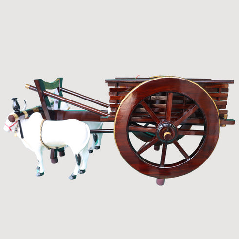 Handcrafted Teak Wood Bullock Cart Teapoy Set with Steel Bulls - Dark Brown Finish