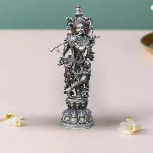 Brass Krishna Statue With Silver Antique Finish 11.335Kg