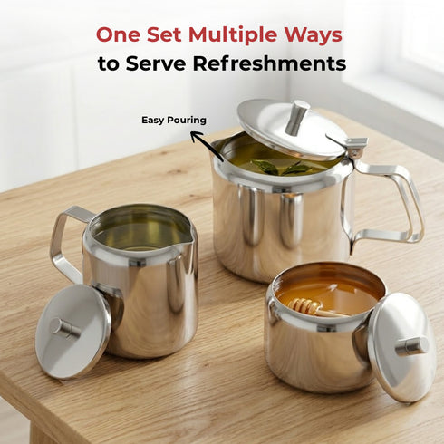 Vinod Stainless Steel 3 Piece Large Tea Set 1000 ml Tea Pot 250 ml Milk Pot 250 ml Sugar Pot Highest Grade Steel Mirror Finish Dishwasher Safe