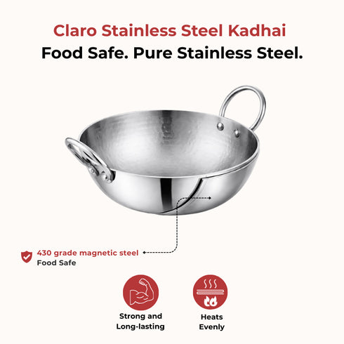 Vinod Claro Heavy Gauge Stainless Steel Hammered Kadai 2.5 mm 1400 ml