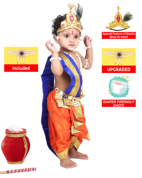 Raj Fancy Baby Krishna Orange and Blue Brocade Fabric Janmashtami Mythological Character Costume