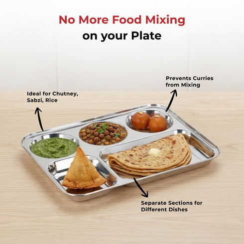 Vinod Stainless Steel 5 Compartment Plate with Round Edges Lunch and Dinner Plate Bhojan Thali High Quality Steel Rust Free Pack of 2