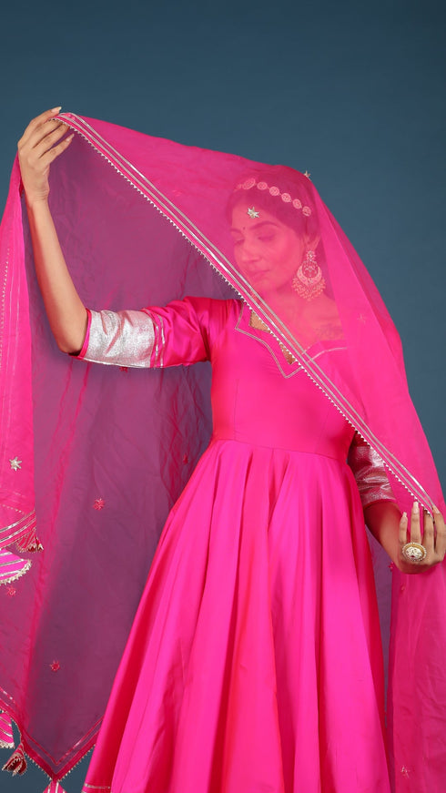 Pomcha Jaipur Amber Hot Pink Taffeta Silk Anarkali Set