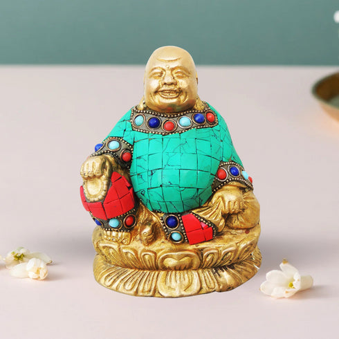 Brass Laughing Buddha Statue With Turquoise Coral 1.205Kg