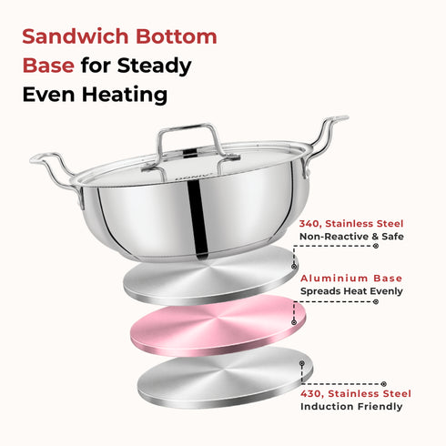 Vinod Doniv Stainless Steel Majestic Sandwich Bottom Kadai with Steel Lid 4.8 Liter 28 cm Induction Friendly