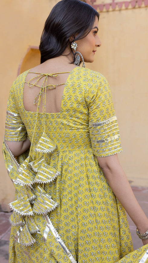 Pomcha Jaipur Yellow Booti Gotta Jaal Cotton Anarkali Set