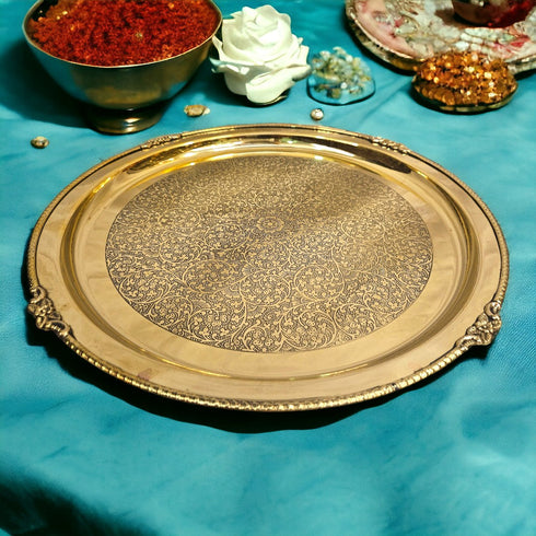 Tamas Brass Handmade Round Traditional Vintage Floral Serving Tray