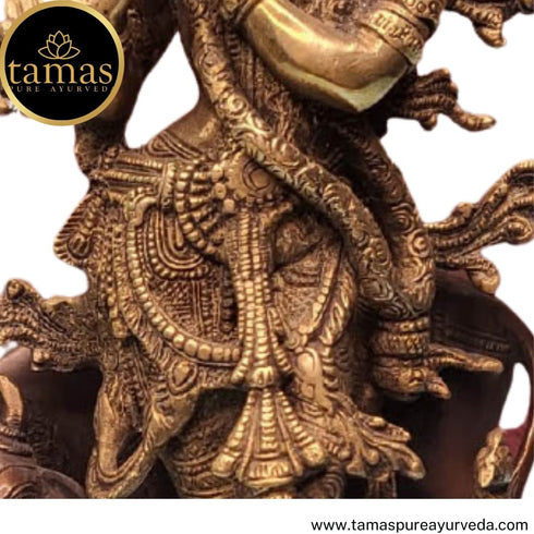 Tamas Brass Handcrafted Lord Krishna Bhagwan Playing Flute with Gau MATA Metal Murti Statue / Idol with Antique Finish ( Brown)