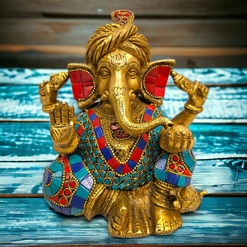 Tamas brass Ganesha adorned with turquoise stones and wearing a turban idol/statue