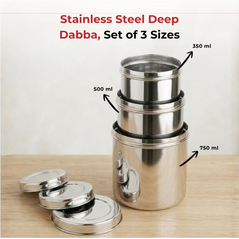 Vinod Stainless Steel Deep Dabba Set of 3 350 ml 500 ml and 750 ml in Heavy Gauge Steel Airtight Lids Mirror Finish Rust Free
