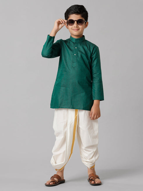 Ramraj Cotton Boys Dark Green Kurta with Cream Elastic Panchakacham Combo FS5
