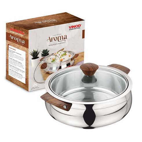 Vinod Stainless Steel Aroma Insulated Casserole with Glass Lid and Wooden Knob 2650 ml High Grade Stainless Steel and Rust Free