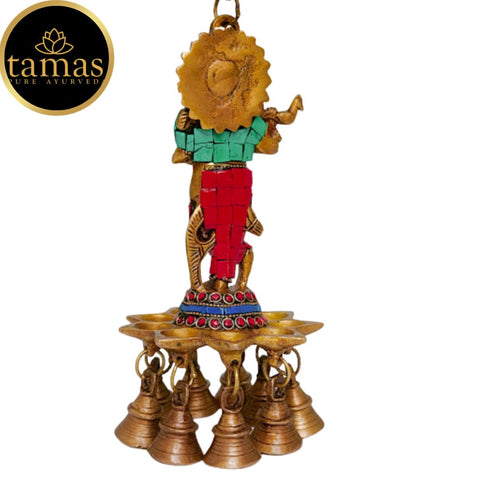 Tamas Brass Krishna Wall Hanging Diya Oil Lamp With Bells (Multicolor)