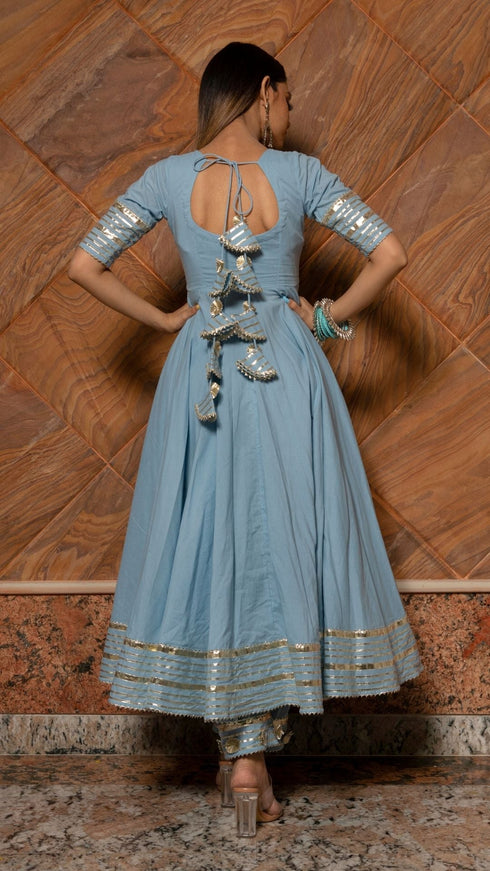 Pomcha Jaipur Powder Blue Pure Cotton Anarkali With Organza Dupatta Set