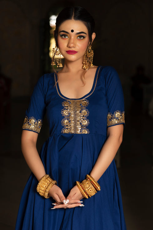 Pomcha Jaipur Minakari Blue Cotton Anarkali Set With Embroidery Lace Soft Net Dupatta